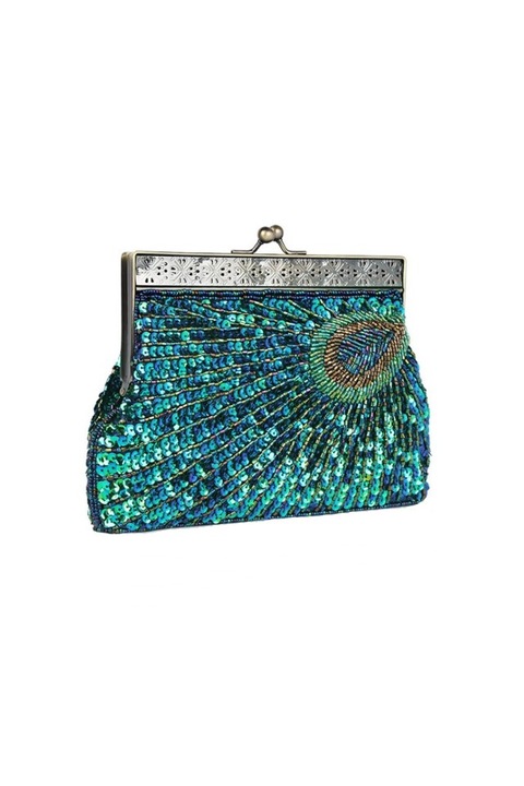 OEM női kistáska, elegáns, összecsatolós, pávamintás, vintage lánccal, 200x40x140 mm, többszínű