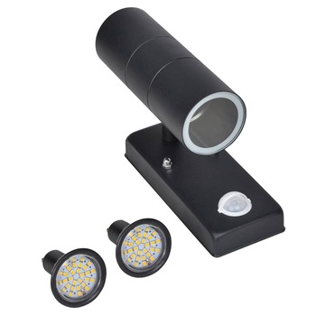 Lampa de perete exterior cu senzor miscare, LED, vidaXL, Otel inoxidabil, 6 x 11,5 x 22 cm, IP44, GU10, Negru Lampa de perete exterior cu senzor miscare, LED, vidaXL, Otel inoxidabil, 6 x 11,5 x 22 cm, IP44, GU10, Negru