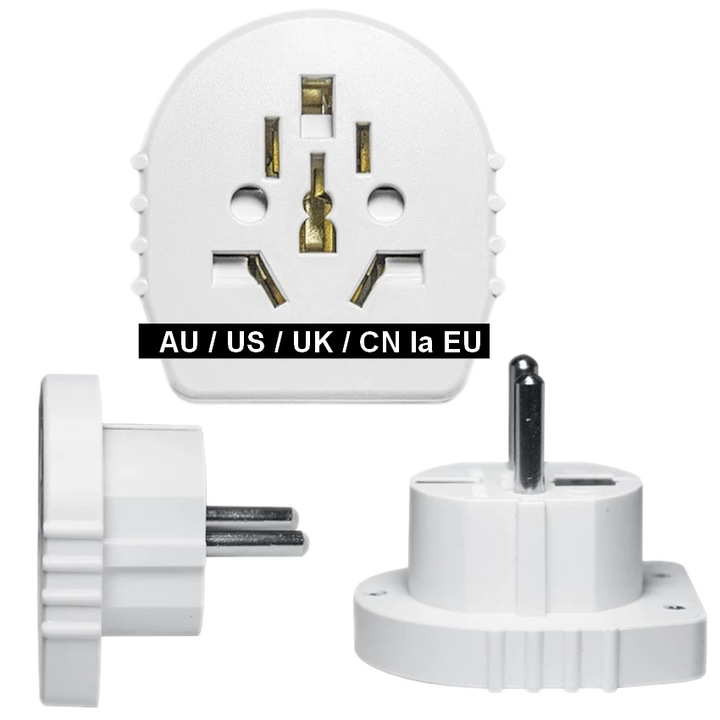 Adaptor universal priza Australia, USA, Anglia, China la Europa, model SLIM, 16A, pentru stecher AU US UK CN la EU alb