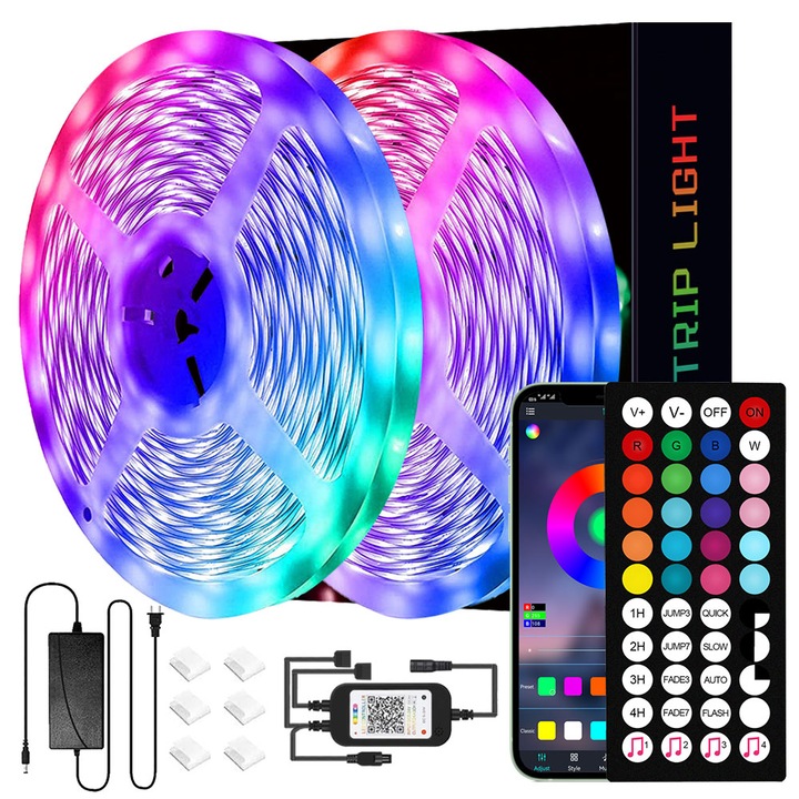 Kit Banda LED RGB, 30 m, Sincronizare muzica, Bluetooth controlul APP, 16 milioane culori, Temporizare, cu telecomanda 44 tast, YWX, Multicolor