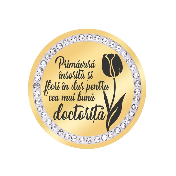 Martisor Brosa Inox Banut Pietre Mesaj Doctorita Auriu