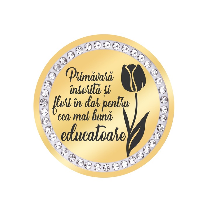 Martisor Brosa Inox Banut Pietre Mesaj Educatoare Auriu