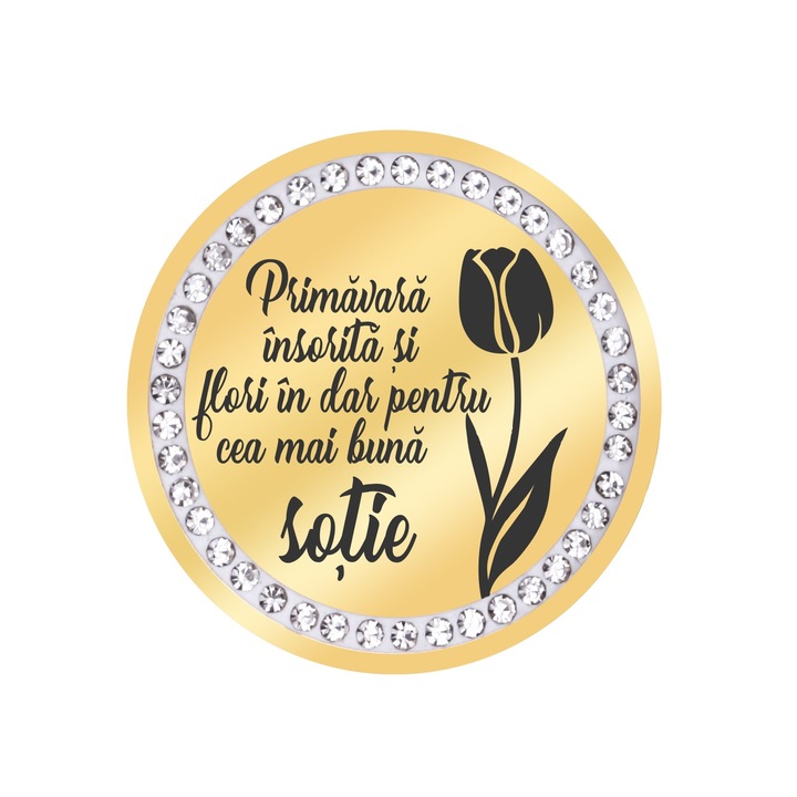 Martisor Brosa Inox Banut Pietre Mesaj Sotie Auriu