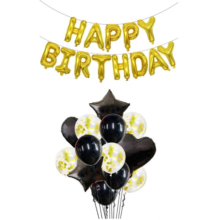 Комплект от 14 балона за рожден ден с конфети, черен / златист цвят + балони Честит рожден ден, златни, It's Party Time