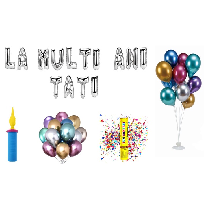 OEM La Multi Ani Tati Születésnapi lufi készlet, 75 darab, "boldog születésnapot apa" román nyelven, ezüst