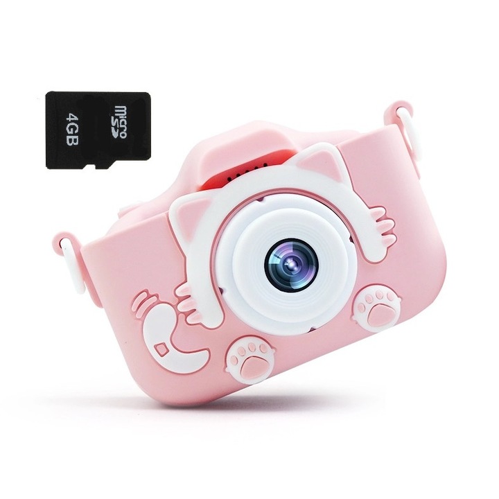 Camera foto/video pentru copii Kitty, 5 jocuri incluse, dual camera, card 4GB, 1440/1080p, Roz