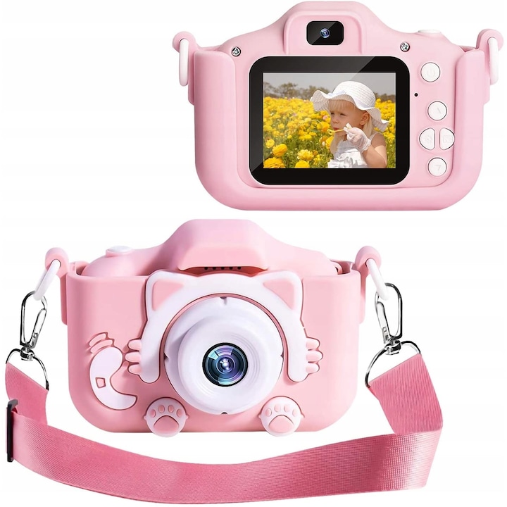Kitty Kids fotó-/videokamera, 5 játékkal, kettős kamera, 4 GB-os kártya, 1440/1080p, rózsaszín