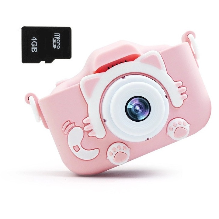 Camera Foto/Video pentru Copii Kitty – Dual Camera, 5 Jocuri Incluse, Card 4GB, Inregistrare 1440/1080p, Design Roz, Ideala pentru Fotografiere si Filmare Distractiva pentru Copii, Usor de Folosit