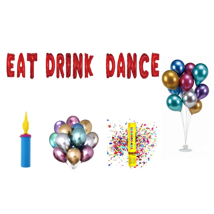 Комплект балони Eat Drink Dance, подаръчен покривник за торта, 74 бр., червен