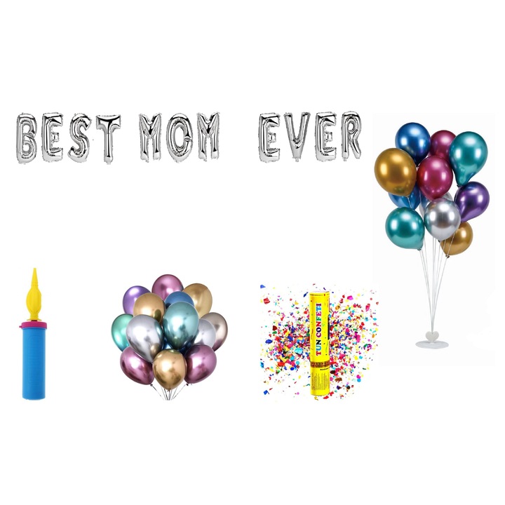 Legjobb anyuka lufi szett, tortalapos ajándék, 71 db, ezüst