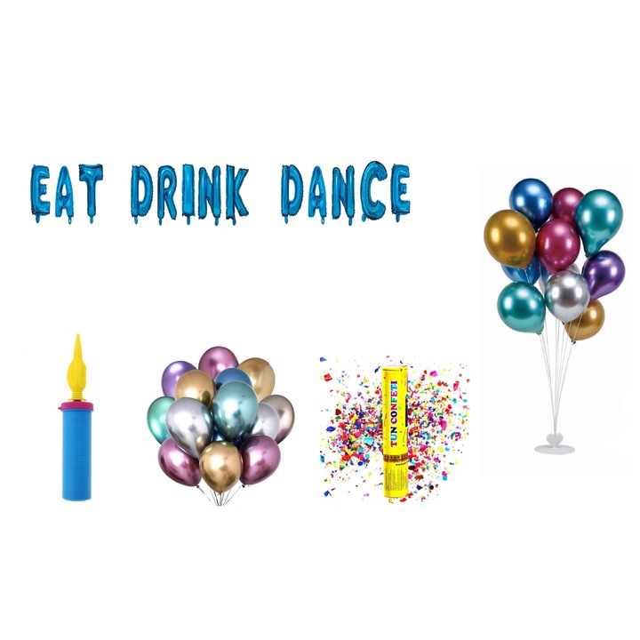 Комплект балони Eat Drink Dance, подаръчна покривка за торта, 74 бр., сини