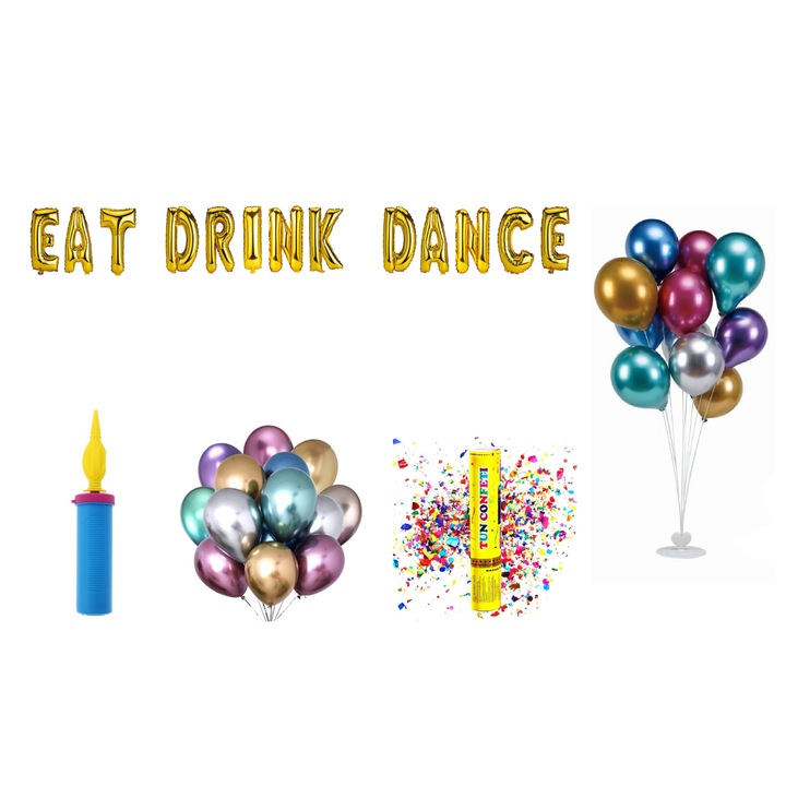 Комплект балони Eat Drink Dance, подаръчен покривник за торта, 74 бр., злато