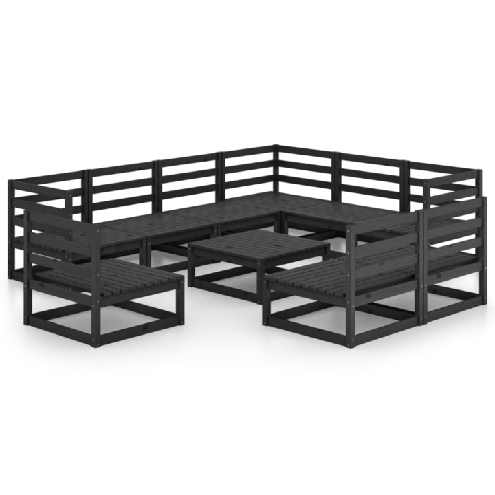 Set mobilier de gradina vidaXL, 10 piese, negru, lemn masiv pin, 33.86 kg 3075793