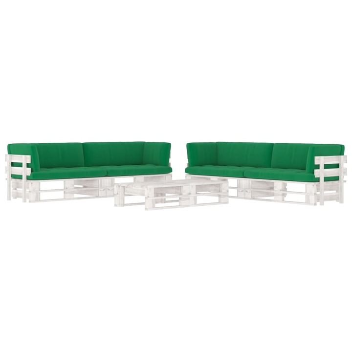 Set mobilier din paleti cu perne, vidaXL, 6 piese, alb, lemn pin tratat, 29.35 kg 3067002