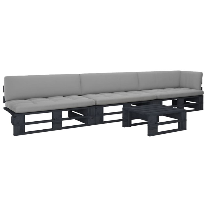 Set mobilier paleti cu perne vidaXL, 4 piese, negru, 60 x 60 x 25 cm, lemn pin tratat, 33.69 kg