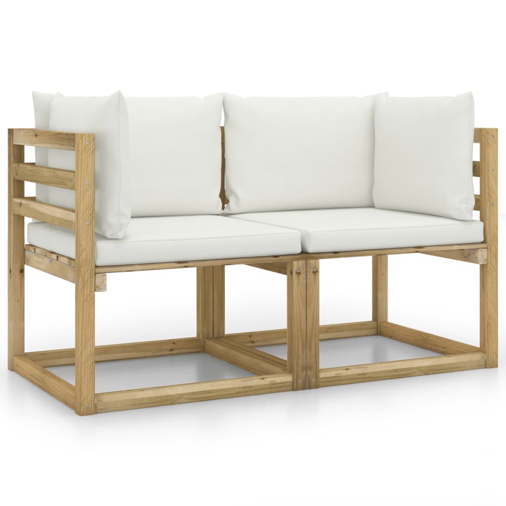 Set de 2 canapele coltar pentru gradina cu perne vidaXL, Lemn, 64 x 64 x 70 cm, Maro/Crem