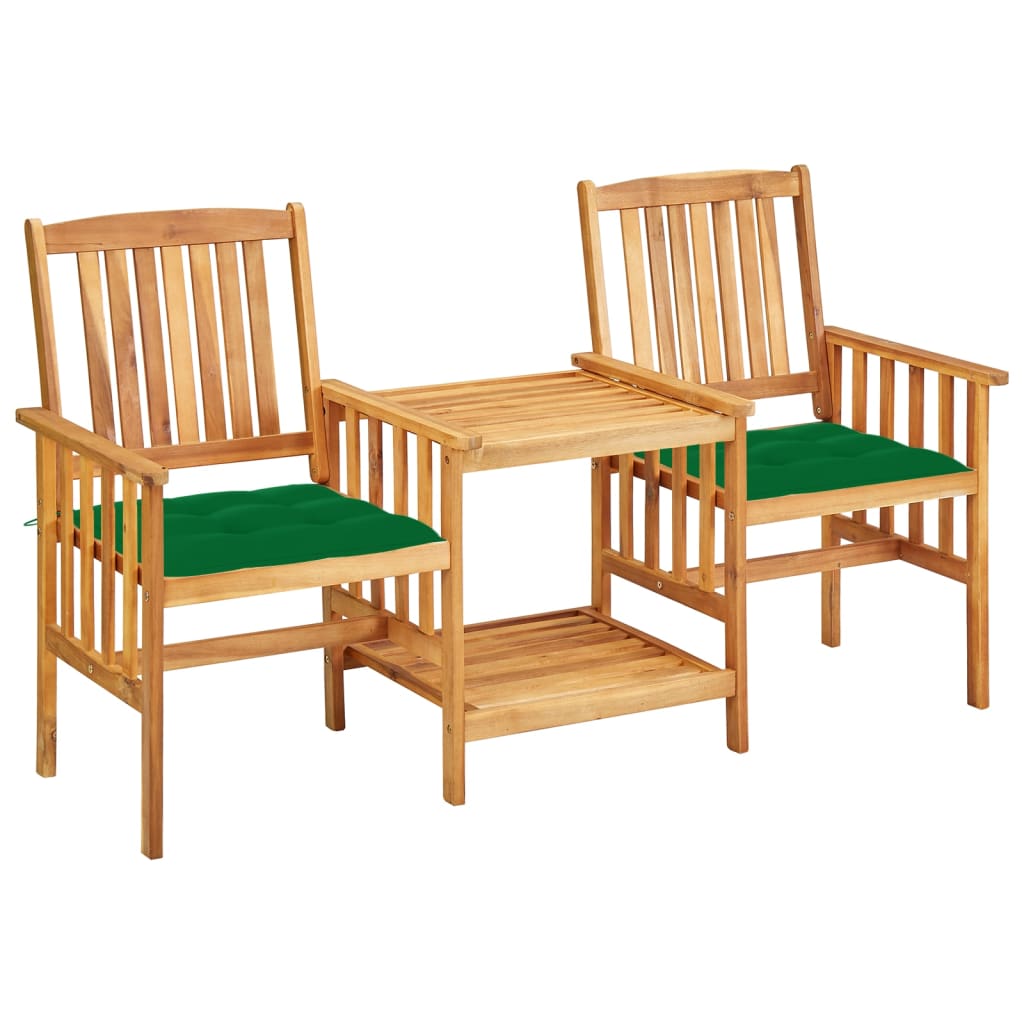 Set de 2 scaune de gradina cu masa de ceai si perne vidaXL, Lemn de acacia, 159 x 61 x 92 cm, perna 7 cm, Maro/Verde