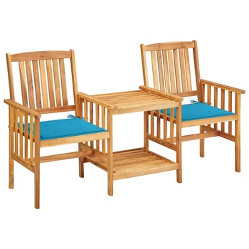 Set de 2 scaune de gradina cu masa de ceai si perne vidaXL, Lemn de acacia, 159 x 61 x 92 cm, perna 4 cm, Maro/Albastru deschis