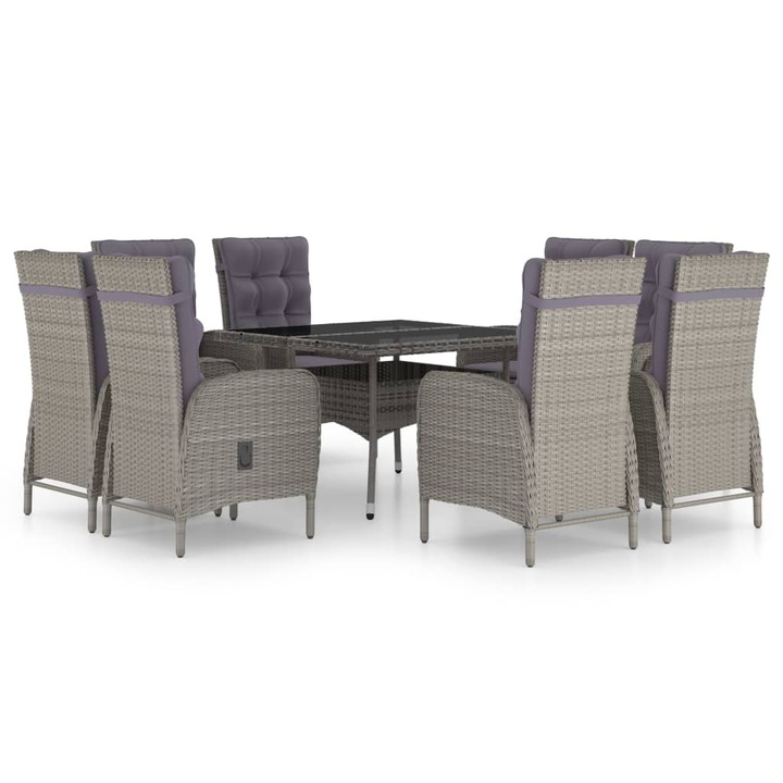 Set mobilier gradina vidaXL, 9 piese, gri, poliratan si sticla, 3058530