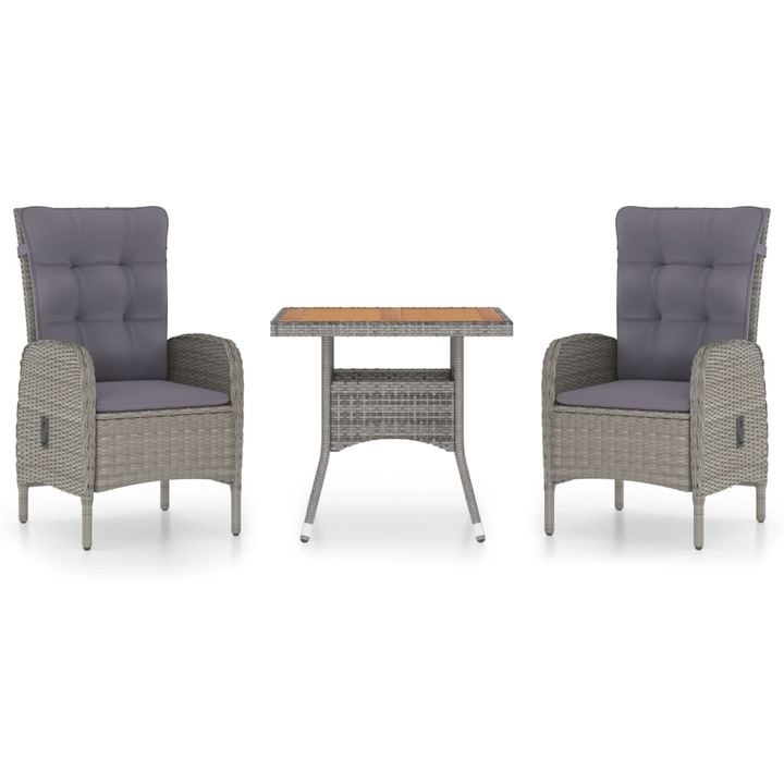 Set mobilier gradina vidaXL, 3 piese, gri, poliratan si lemn acacia, 34 kg 3058523