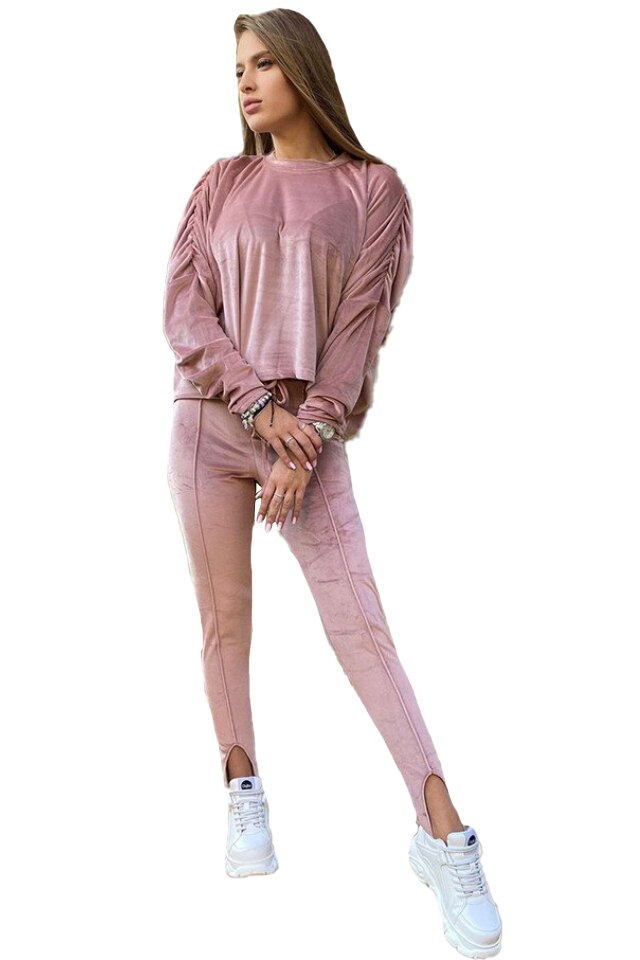 Compleu de catifea Beya, pantaloni cu banda sub talpa si bluza larga, Roz, S-M