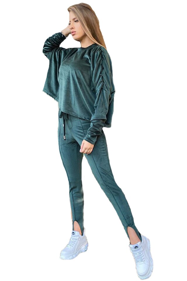 Compleu de catifea Beya, pantaloni cu banda sub talpa si bluza larga, Verde smarald, S-M