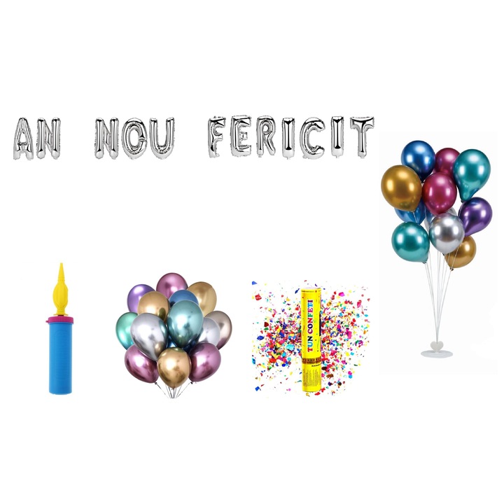 Boldog újévet lufi szett, tortalapos ajándék, 73 db, ezüst