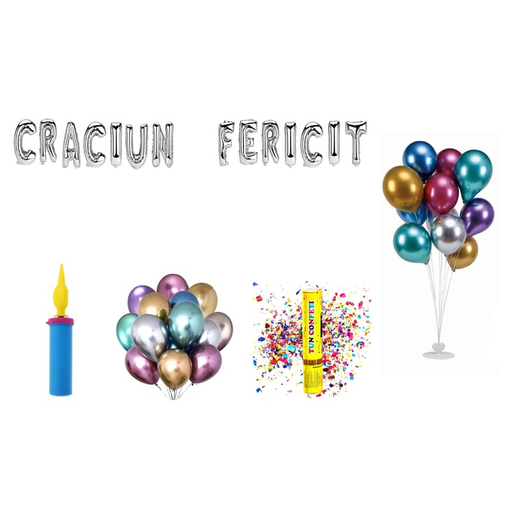 Boldog karácsonyt lufi szett, tortalapos ajándék, 74 db, ezüst