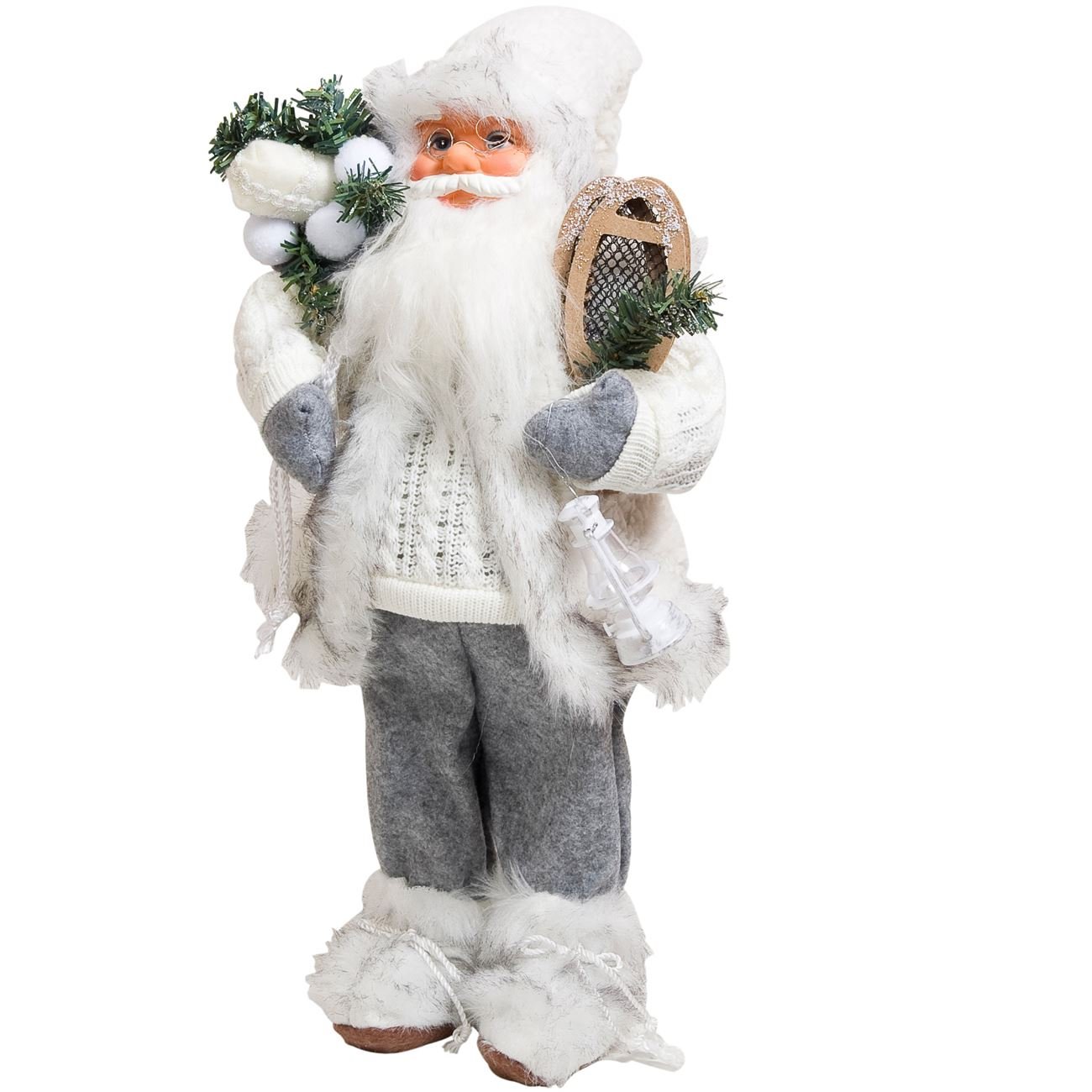 Figurina Realista Decorativa, model Mos Craciun cu Schiuri si Felinar, 45 cm, Alb/Gri