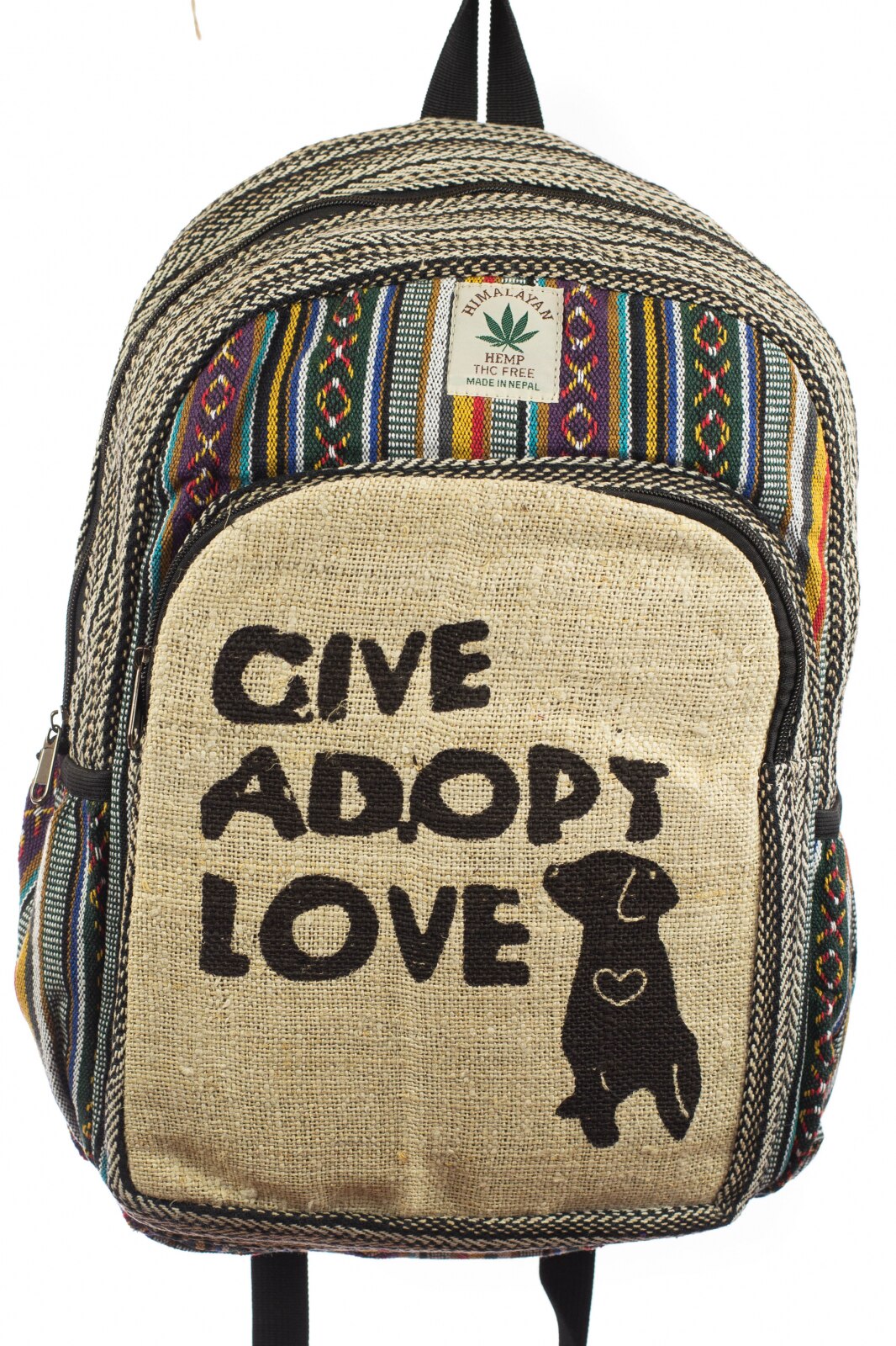 Rucsac Ucca din canepa si bumbac, Give Adopt Love, Multicolor, 30x40 cm