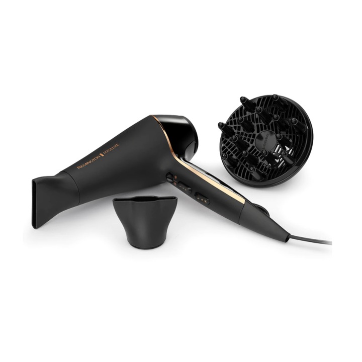 Сешоар Remington, мощност 2400 W, технология OptiHeat, 2 скорости, регулируема температура, 3 м кабел, йонен генератор, дифузер, черен