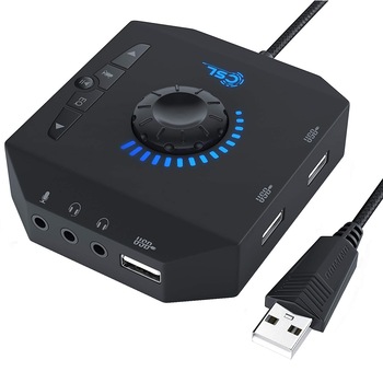 Placa de sunet externa CSL USB 3 in 1 amplificator, terminal conectare casti si Hub USB, cu egalizator si rotita volum Placa de sunet externa CSL USB 3 in 1 amplificator, terminal conectare casti si Hub USB, cu egalizator si rotita volum