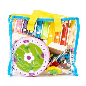 Set instrumente muzicale de percutie pentru copii EcoToys, cu geanta de depozitare, 14 piese Set instrumente muzicale de percutie pentru copii EcoToys, cu geanta de depozitare, 14 piese
