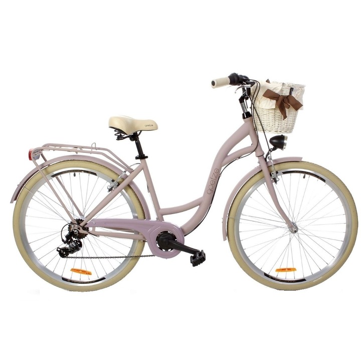 Bicicleta dama cu cos Goetze® Mood, 7 viteze, 160-190 cm inaltime, Lumini cu leduri, Roti din aluminiu marimea 28" - Liliac