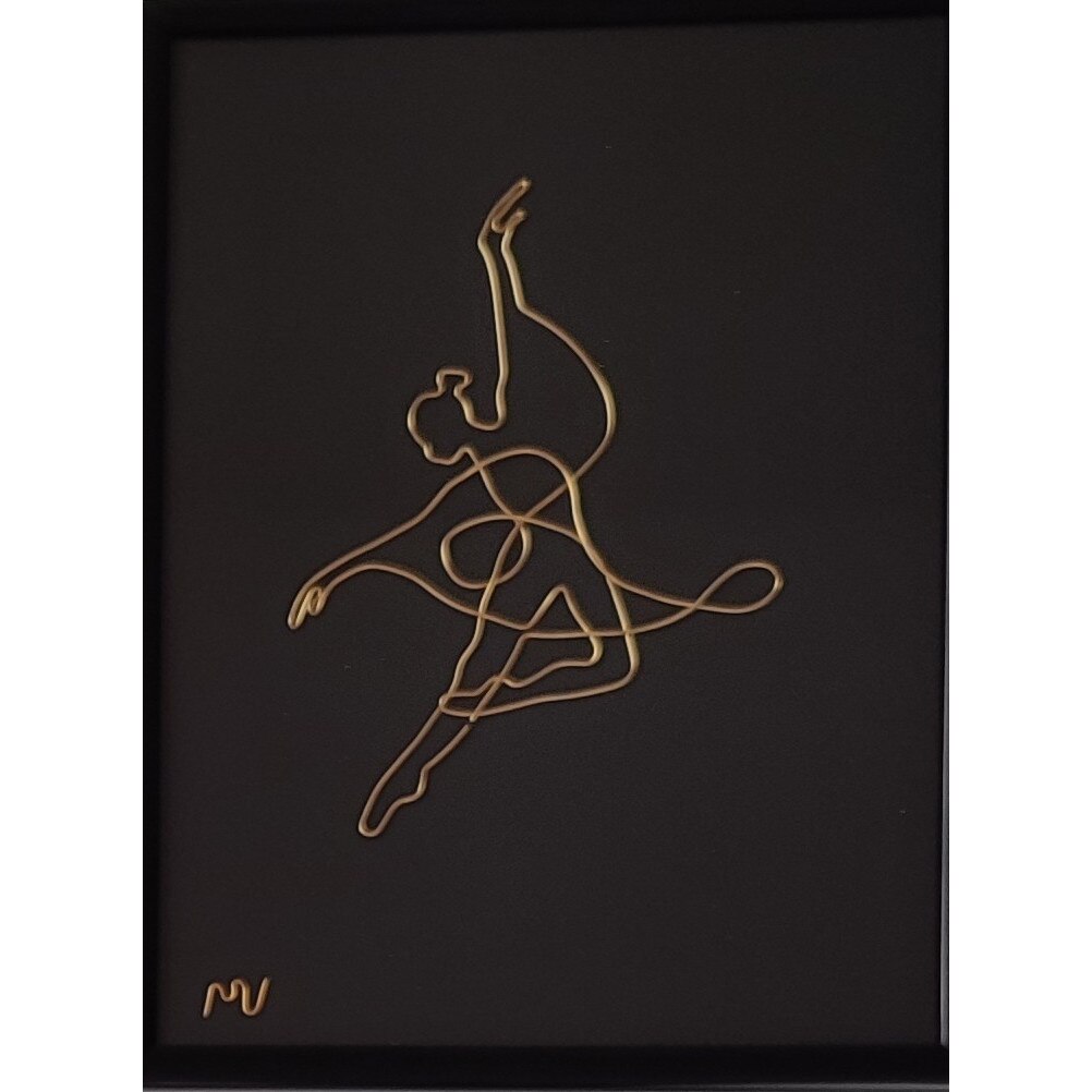 Tablou cu balerini, sculptura in fir continuu de sarma placata cu aur 18x24 cm - 2241