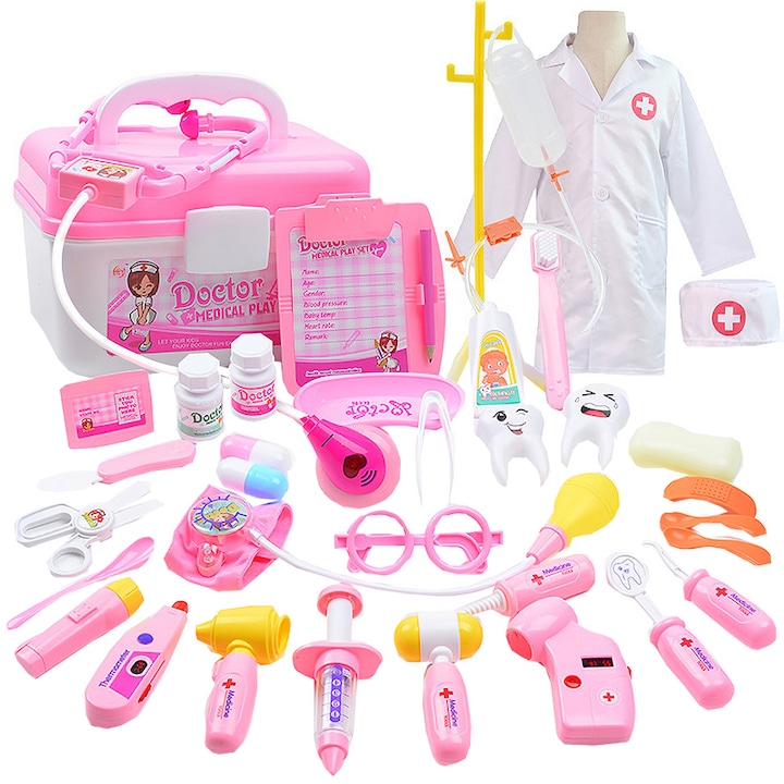 Детски лекарски комплект, 35 части, Розов