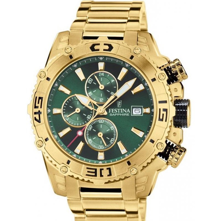 Ceas barbatesc Festina, Prestige Chronograph, 10 ATM, Auriu/Verde