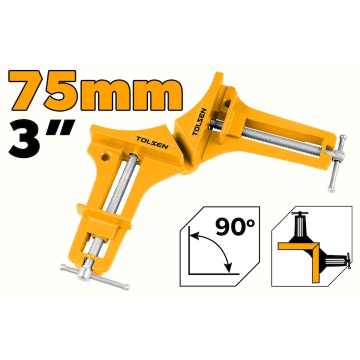 Clema de colt TOLSEN 75 mm (3"), Industrial, aliaj aluminiu, acoperire cu pulbere, bara filetata zincata, robusta si fiabila pentru aplicatii grele, prindere precisa la 90 de grade, ideala pentru tamplarie si productia de mobilier, rezistenta si durabila