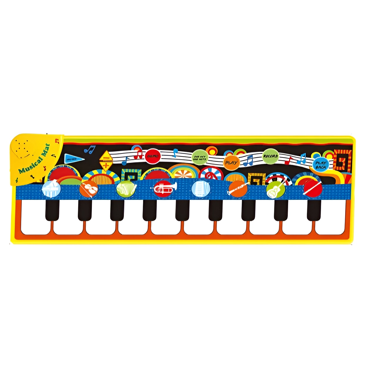 Covor Muzical Pian, 10 taste, 8 Instrumente, 10 Melodii, Functie Playback, Volum reglabil, 110x36 cm, Multicolor
