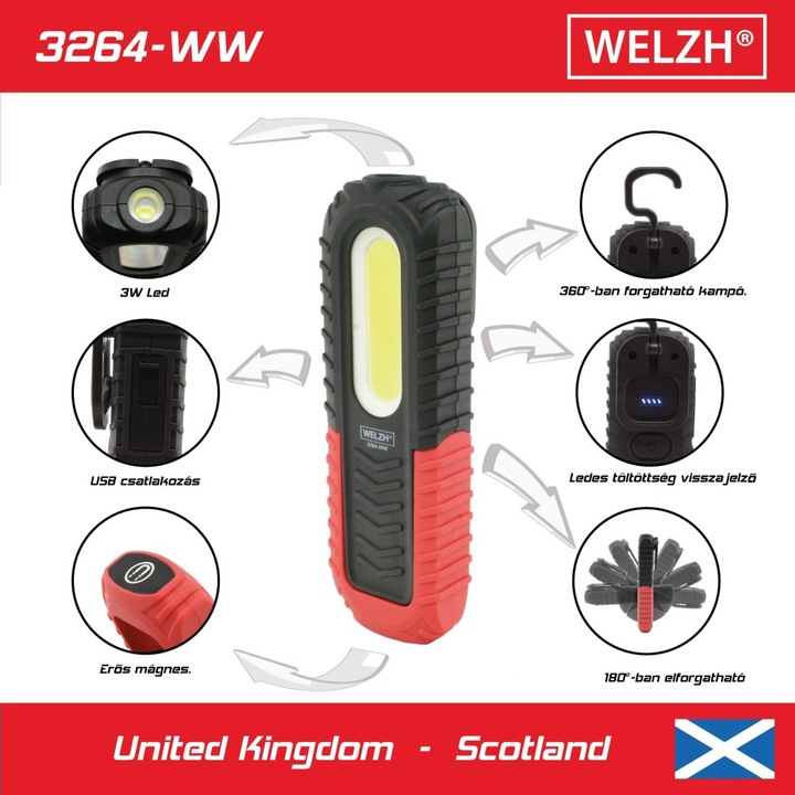 Szerelőlámpa LED 01 COB ledes akkuslámpa - Li-Ion, IPX6 3W 350 Lumen (3264-WW)
