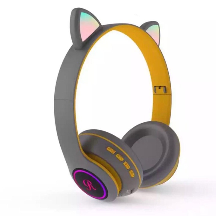 Сгъваеми безжични слушалки, котешки уши, Bluetooth 5.0, HiFi, бас стерео, LED, TF, сиво/жълто, Rif Refco