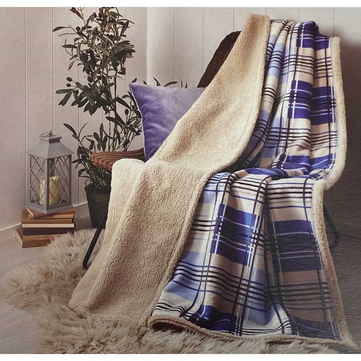 Patura Sherpa, Albastru/ Bej,180 x 220cm