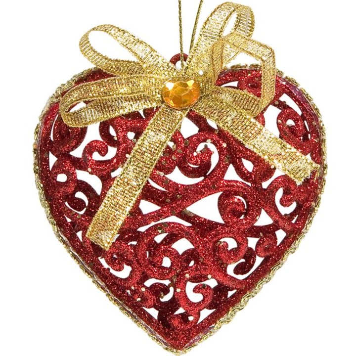 Set 6 ornamente de Craciun Shopiens® Inimi Rosii, aspect perforat si glitter, cu funda aurie, 6 cm