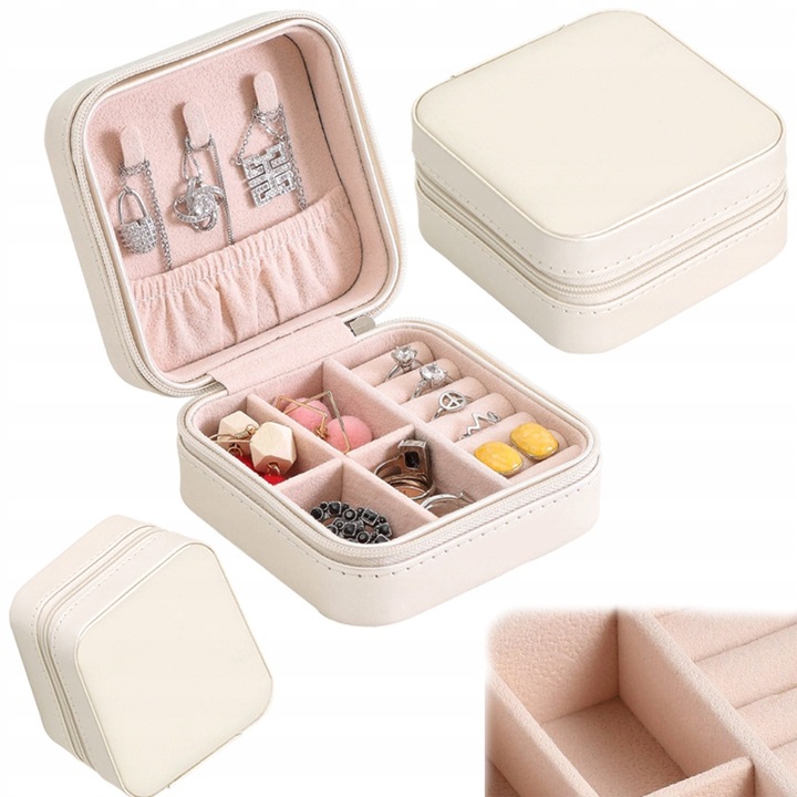 Кутия за бижута, Екологична кожа, Бежова, 10.9x10x5 см