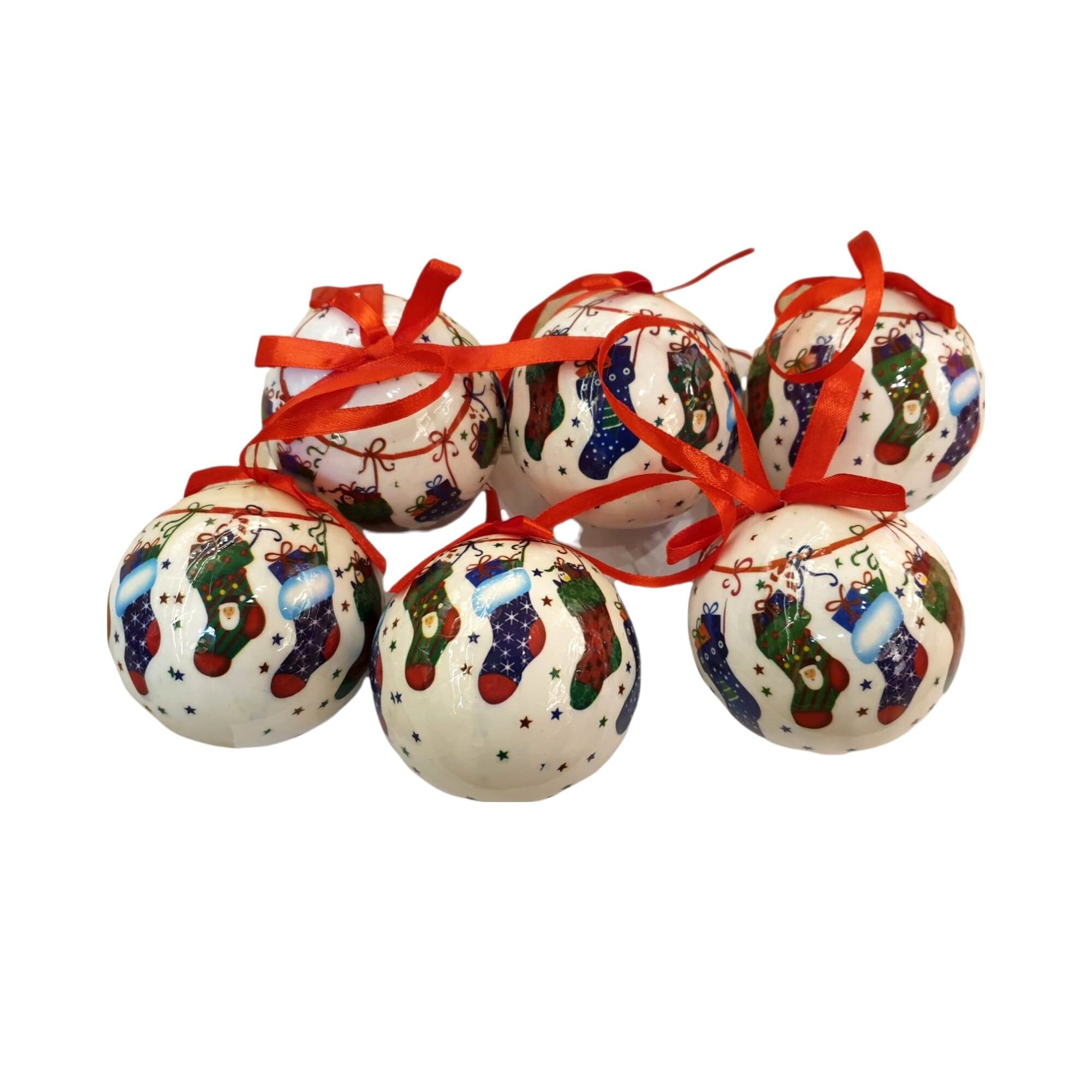 Set 6 globuri din plastic design soseta de carciun, 7 cm