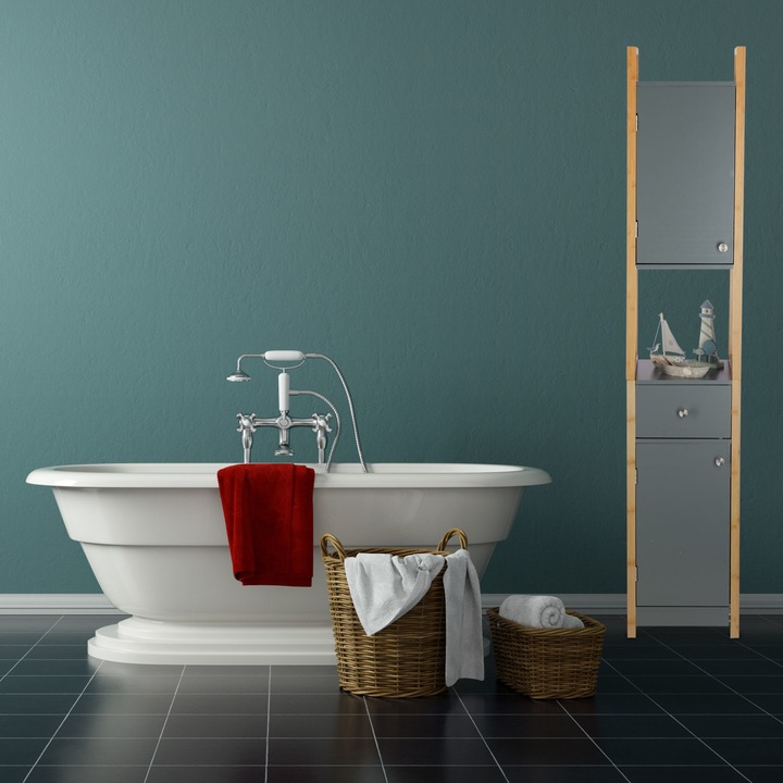 Dulap baie Relaxdays, tip coloana, din MDF si bambus, gri, 165 x 31.5 x 29 cm