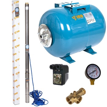 Kit hidrofor 24L cu pompa submersibila IBO Dambat 3SDM24, 0.75KW, debit 100l/min, H refulare 80m, racord 1.25 toli, rezistenta la nisip Kit hidrofor 24L cu pompa submersibila IBO Dambat 3SDM24, 0.75KW, debit 100l/min, H refulare 80m, racord 1.25 toli, rezistenta la nisip