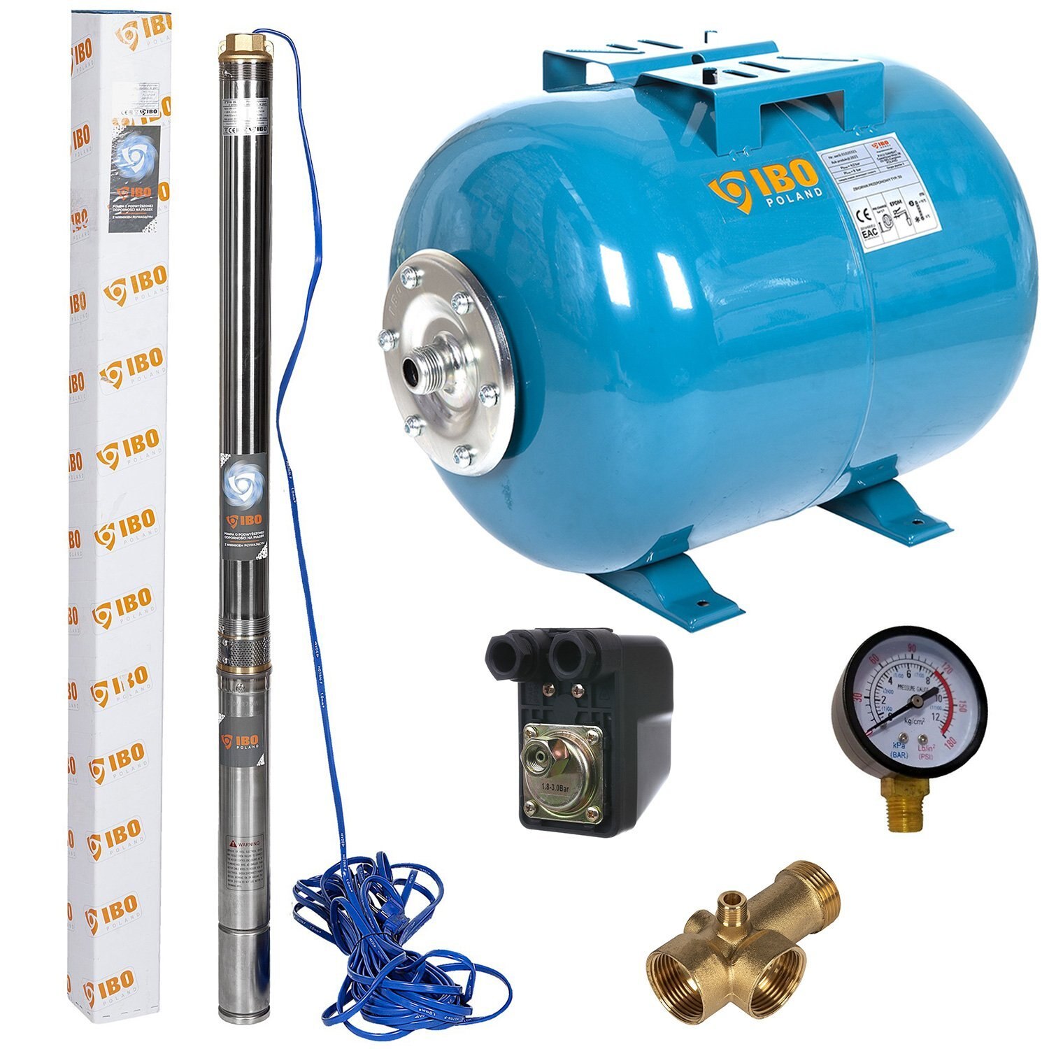 Kit hidrofor 50L cu pompa submersibila IBO Dambat 3STM16, 0.75 kW, debit 100l/min, H refulare 62m, cablu 20m, rezistenta la nisip