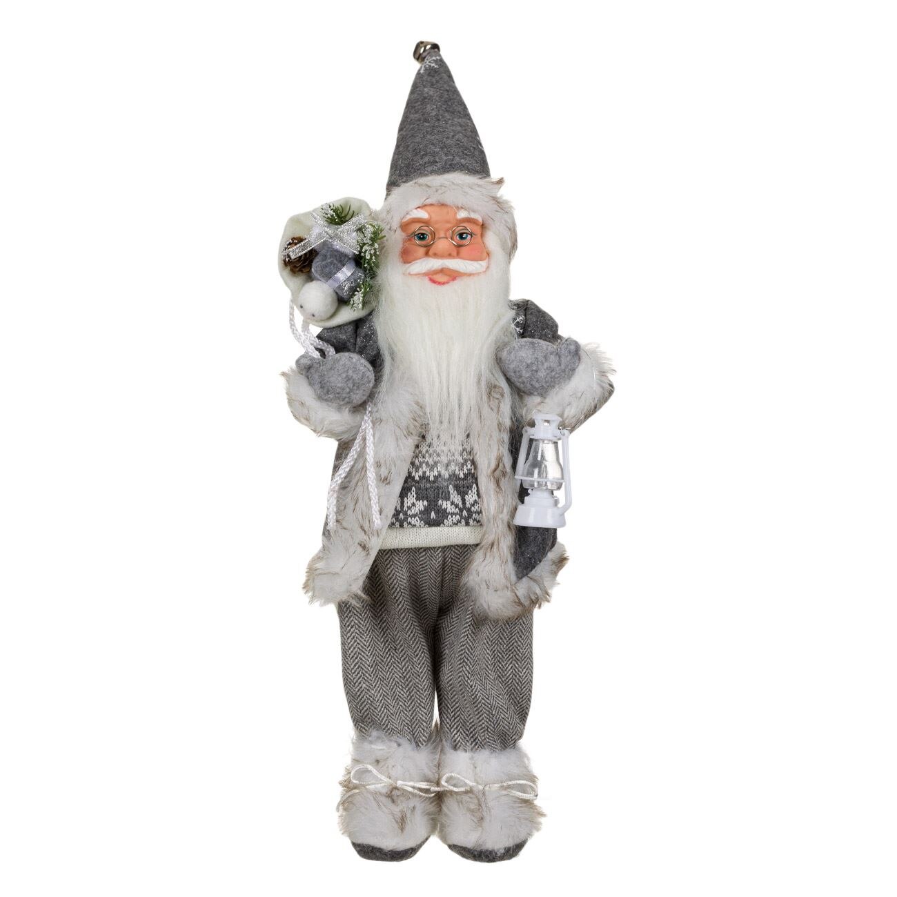 Figurina decorativa, Zola®, model Mos Craciun, cu barba mare si ochelari, 46 cm, gri