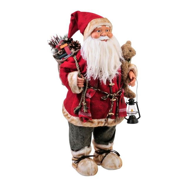 Figurina decorativa, Zola®, model Mos Craciun cu ursulet si felinar, 60 cm, rosu